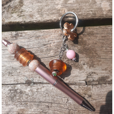 Pen met tashanger bruin roze
